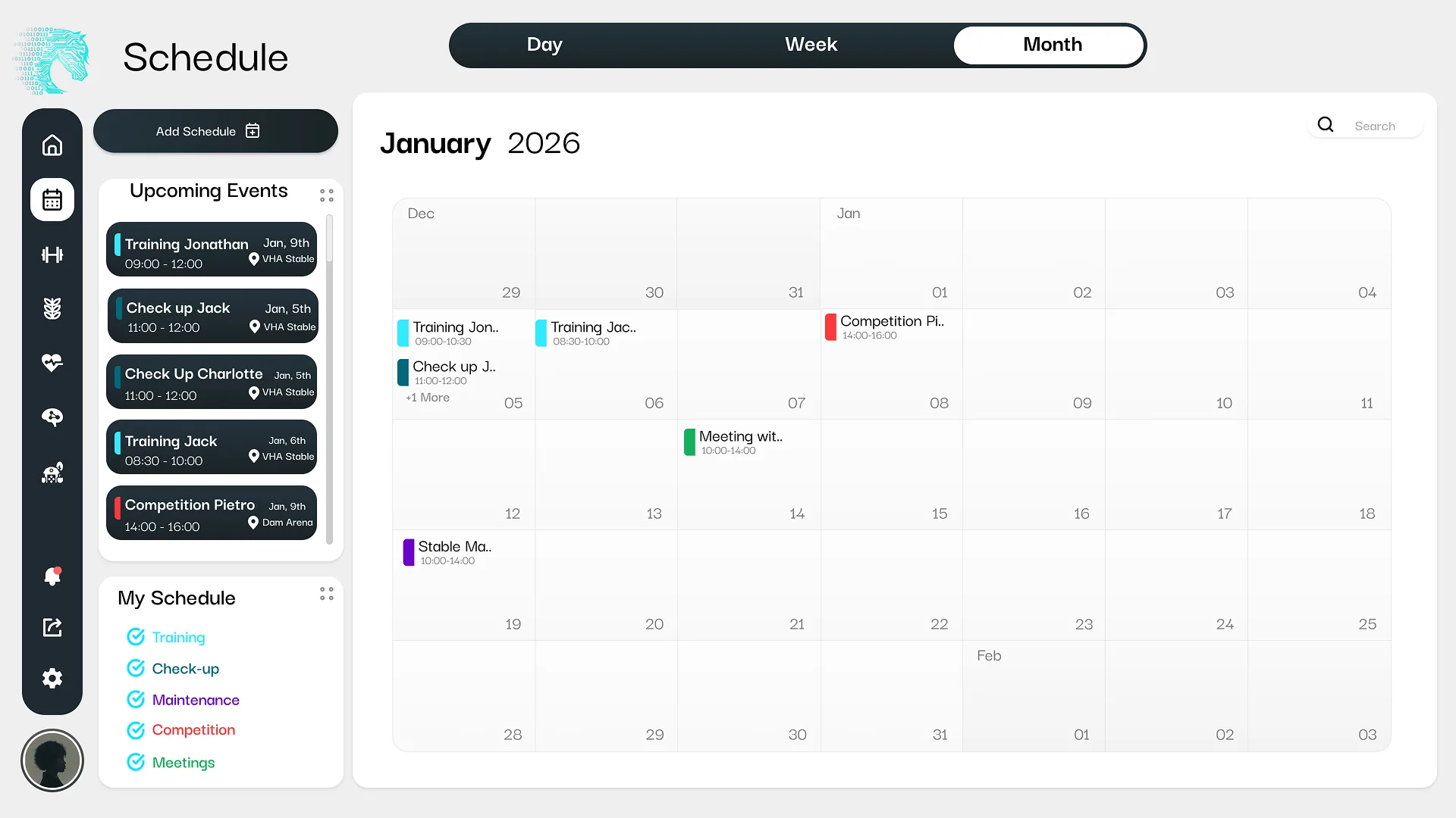 Schedule screen showing a month view of upcoming training and events.