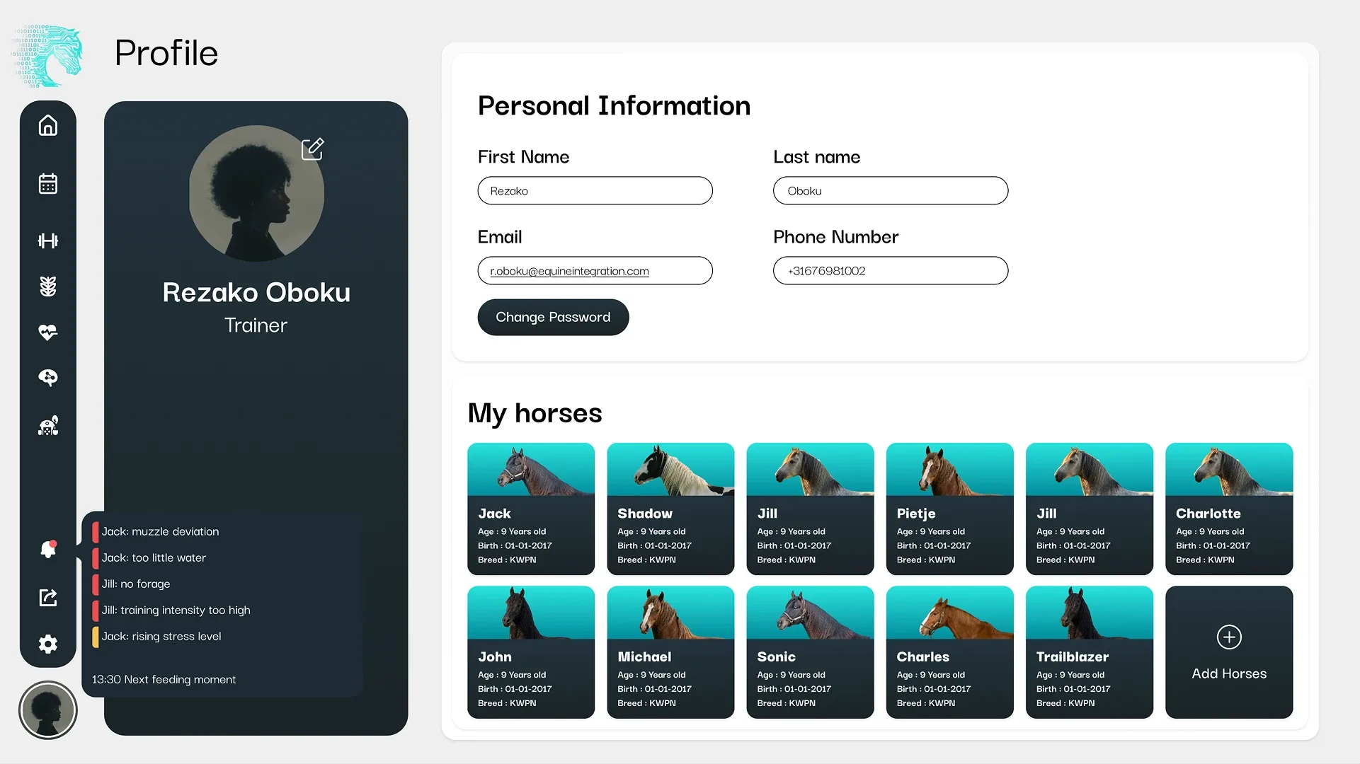 Profile screen showing personal details and the trainer's horses.